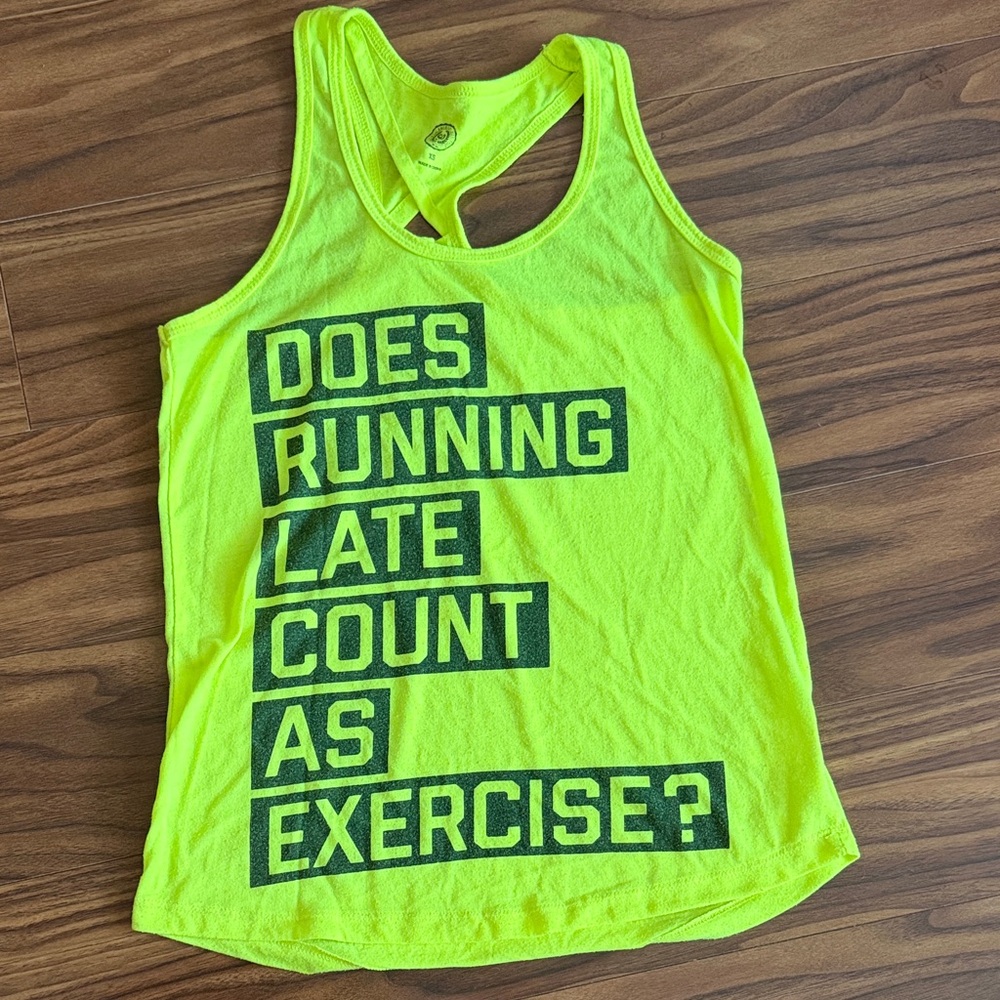 SO Neon Yellow Racerback Tank with Black Text Graphic